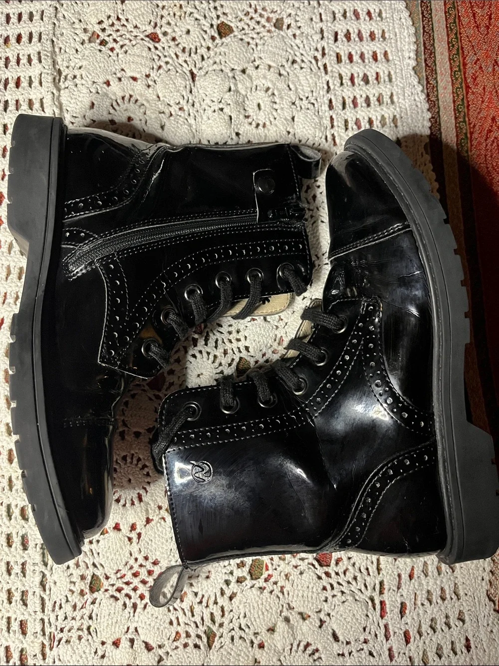 Naturino patent leather Glossy Black Lace-Up Combat Boots inside zippers